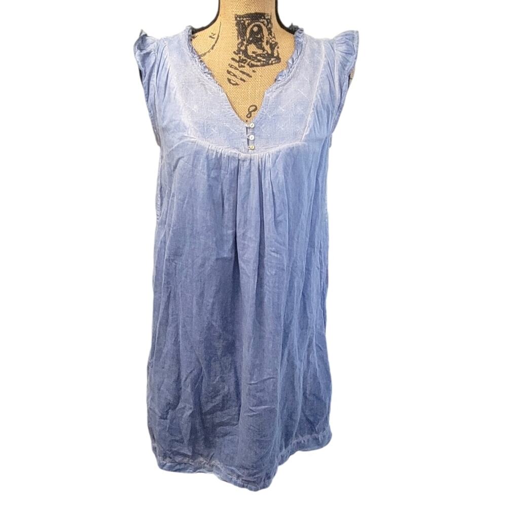 Maison Scotch blue sleeveless dress, size 4, quilted embroidered bib, ruffles